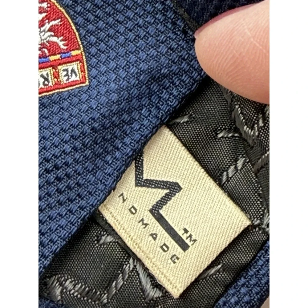 M. La Hart VTG Navy Blue Silk Harvard Striped Necktie Crest Pattern Made In USA